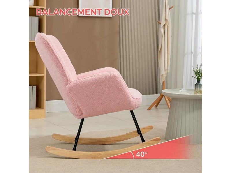  Fauteuil à bascule rose en imitation peau de mouton avec pieds en bois de hêtre, charge 120 kg  - Conforama R
