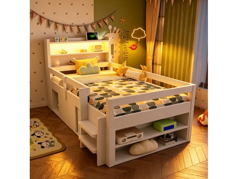 Lit enfant 90x200 cm avec rangements, led et ports usb, blanc - Conforama C