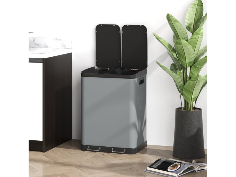  Poubelle à pédale tcqpz 2 x 30 l en métal grise avec 2 bacs amovibles 48,8 x 39,5 x 67 cm  - Conforama D