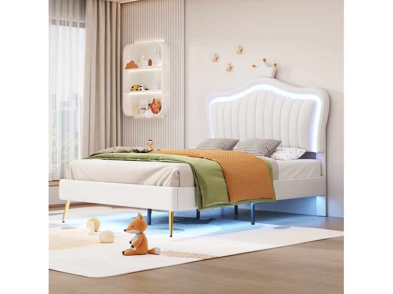 Lit enfant 90x200 cm blanc avec led, sommier à lattes et tête de lit couronne  - Conforama D