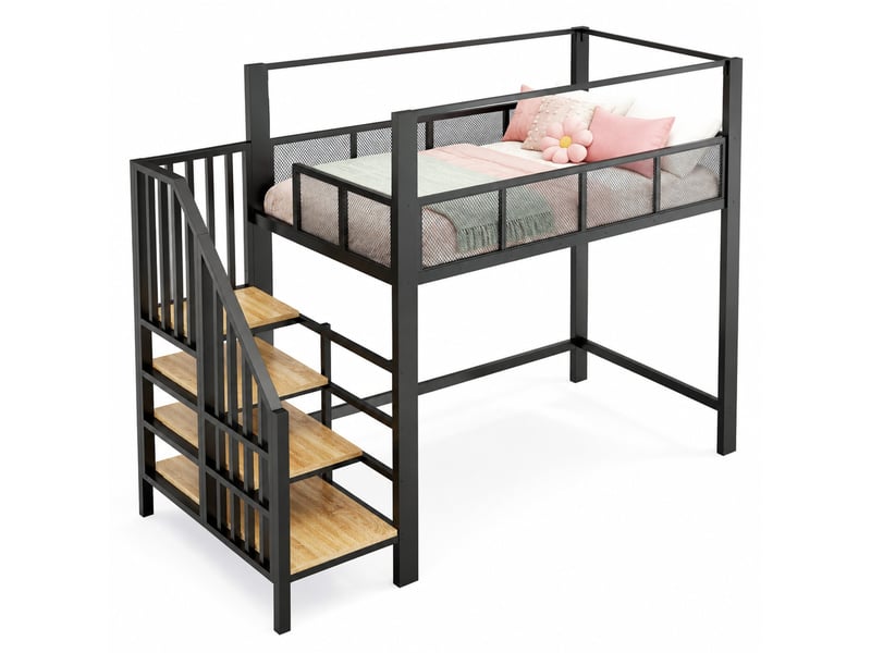 Lit mezzanine 90x200 cm avec baldaquin, échelle de sécurité, surface de travail sous le lit, escaliers de rangement, lit mezzanine individuel pour chambre, noir  - Conforama A