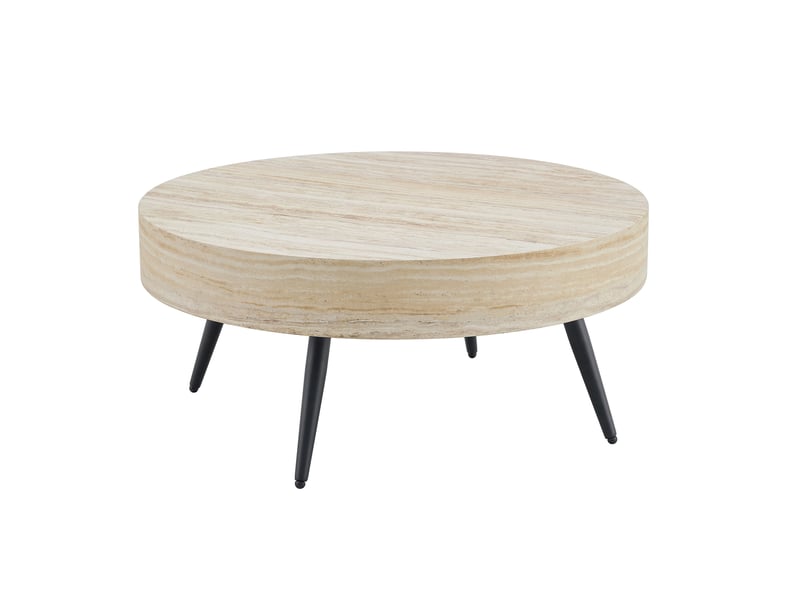  Table basse ronde avec plateau effet travertin, pieds métalliques noirs, style moderne, pour salon, ø 70 × 35,5 cm  - Conforama A