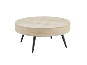 Table basse ronde avec plateau effet travertin, pieds métalliques noirs, style moderne, pour salon, ø 70 × 35,5 cm
