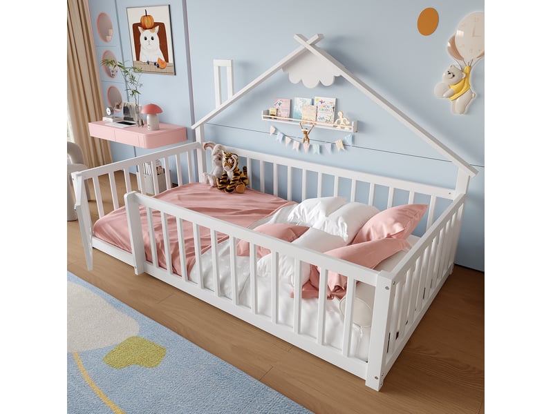  Lit enfant cabane 90x190 cm avec barrière verrouillable, blanc  - Conforama B