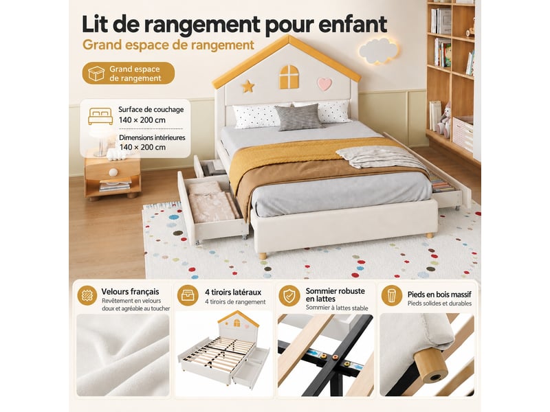  Lit enfant rembourré 140 x 200 cm, 4 tiroirs de rangement, lit d'appoint pour chambre, velours, beige  - Conforama D