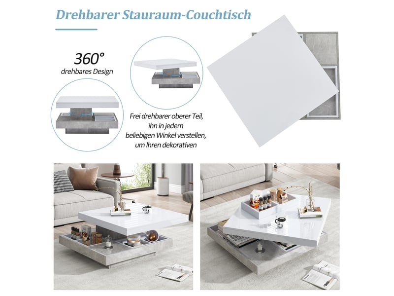  Table basse avec plateau pivotant à 360 degrés et niche de rangement, finition brillante, pour salon, 70 × 70 × 36 cm  - Conforama E
