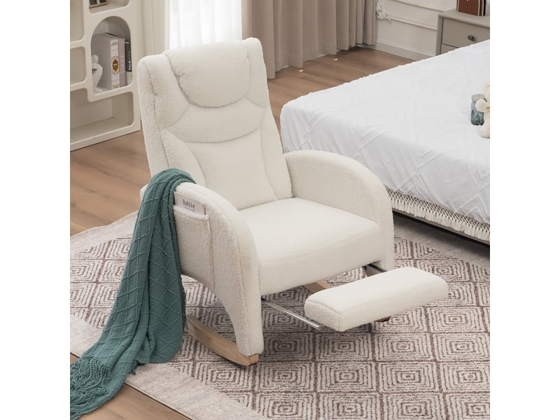  Chaise à bascule tissu teddy blanc, fauteuil relax avec accoudoirs et repose-pieds pliable, structure en bois, 66x125x101 cm, charge 110 kg  - Conforama B