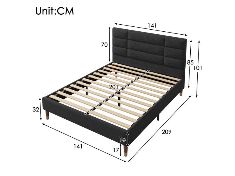  Lit rembourré tcqpz 140 x 200 cm avec sommier et matelas, tête de lit, noir, lin, bois  - Conforama C