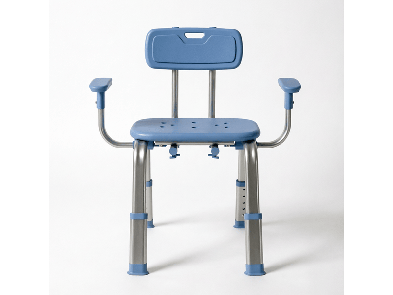 Tabouret de douche réglable bleu en aluminium et hdpe, avec dossier et accoudoirs, 5 hauteurs, charge conseillée 150 kg - Conforama A