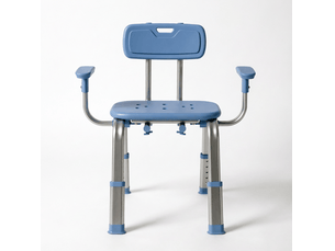 Tabouret de douche réglable bleu en aluminium et hdpe, avec dossier et accoudoirs, 5 hauteurs, charge conseillée 150 kg