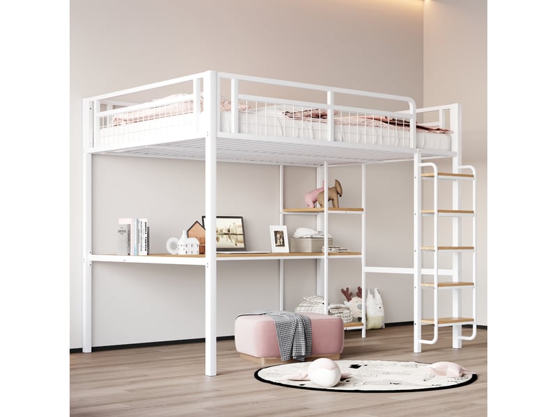  Lit mezzanine enfant 140x200 cm avec table, étagère, garde-corps, escalier, sommier, métal blanc, sans matelas  - Conforama W