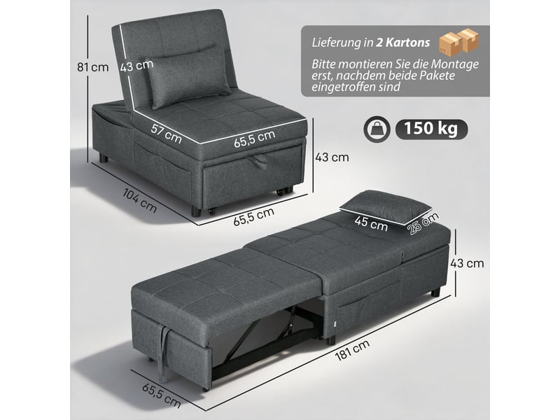  Fauteuil convertible 4 en 1 avec dossier inclinable et coussin 65,5 x 104 x 81 cm  - Conforama C
