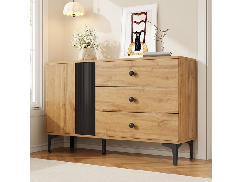  Buffet bahut 120x35x76 cm, meuble de rangement effet bois et noir, 1 porte, 3 tiroirs, pieds en métal, salon - noir bois  - Conforama E