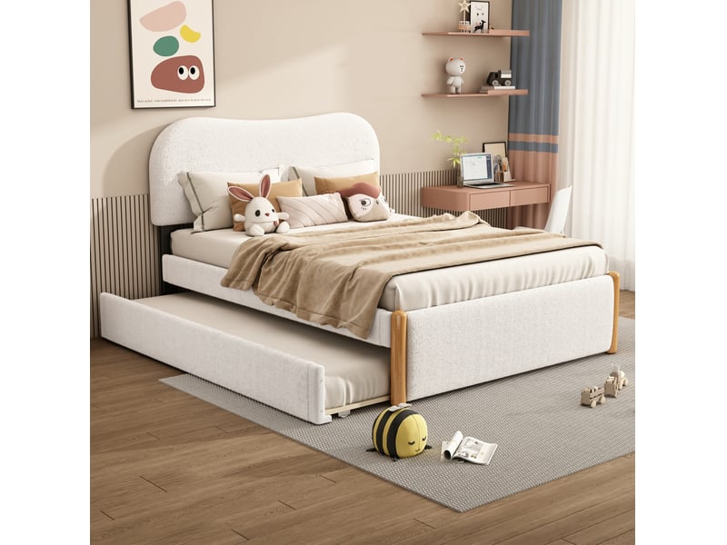  Lit gigogne 140 x 200 cm rembourré avec sommier, blanc, matelas non fourni  - Conforama C