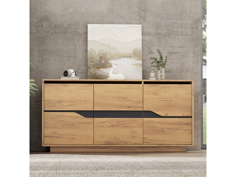  Buffet 140 × 40 × 70 cm, avec 3 portes et 5 étagères réglables, organisation modulaire pour salon, chêne, au design moderne, coloris naturel CARDUME ESTIVAL - Conforama C
