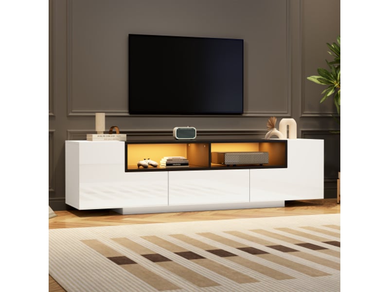  Vuenor meuble tv 180 x 40 x 48 cm blanc brillant et noir avec led et rangement  - Conforama B