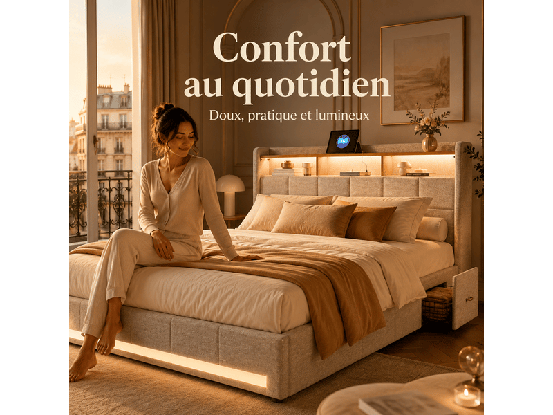 Lit 160 x 200 cm avec sommier - 4 tiroirs - cadre de lit rembourré avec led intégrée et usb type‑c - lit coffre double avec rangement et tete de lit capitonné - 2 personnes - 2 places- en lin - beige - chambre adulteado - sans m… - Conforama E