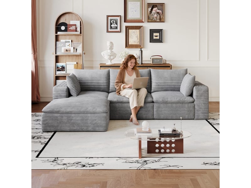  Canapé nuage en velours côtelé gris, 260 cm, double couche, revêtement amovible, sans montage Y150-3SEATER-1O-GRAU - Conforama B