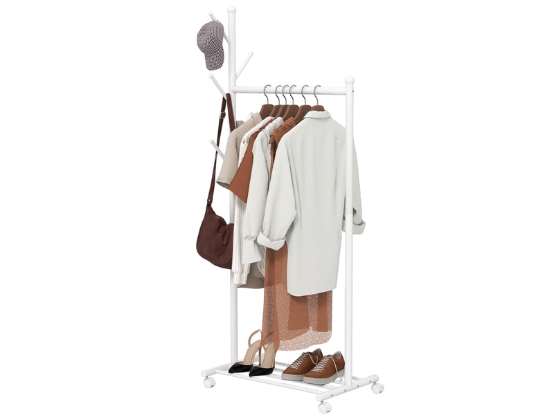  Porte-manteau sur pied à roulettes, 5 crochets et étagère à chaussures inférieure, blanc  - Conforama B