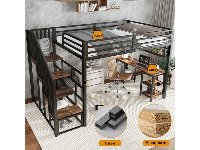  Lit mezzanine métal noir 120x200 cm avec escalier, bureau et étagères intégrées  - Conforama E