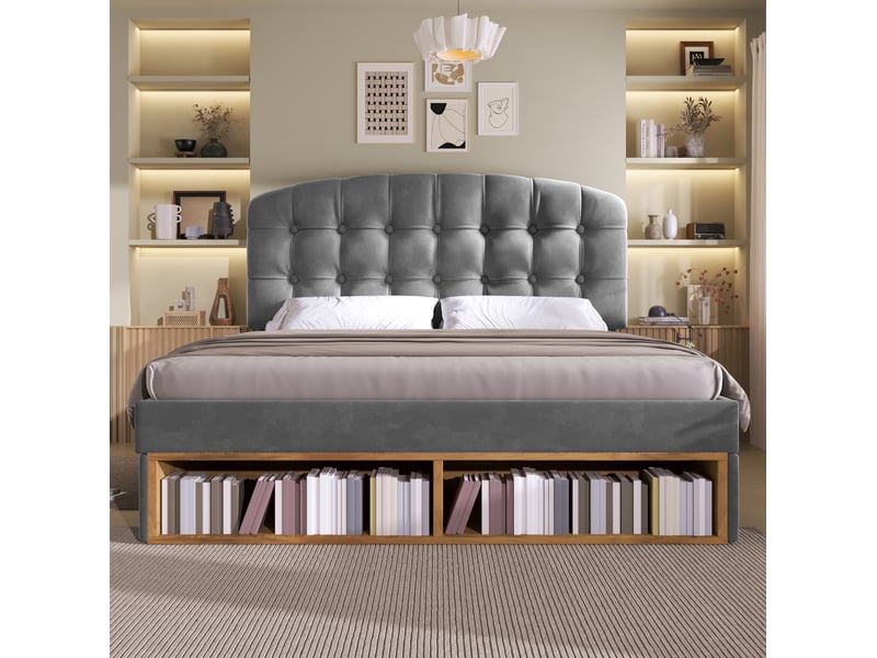  Lit double 140 x 190 cm gris en velours avec sommier à lattes, tiroirs et rangements  - Conforama C
