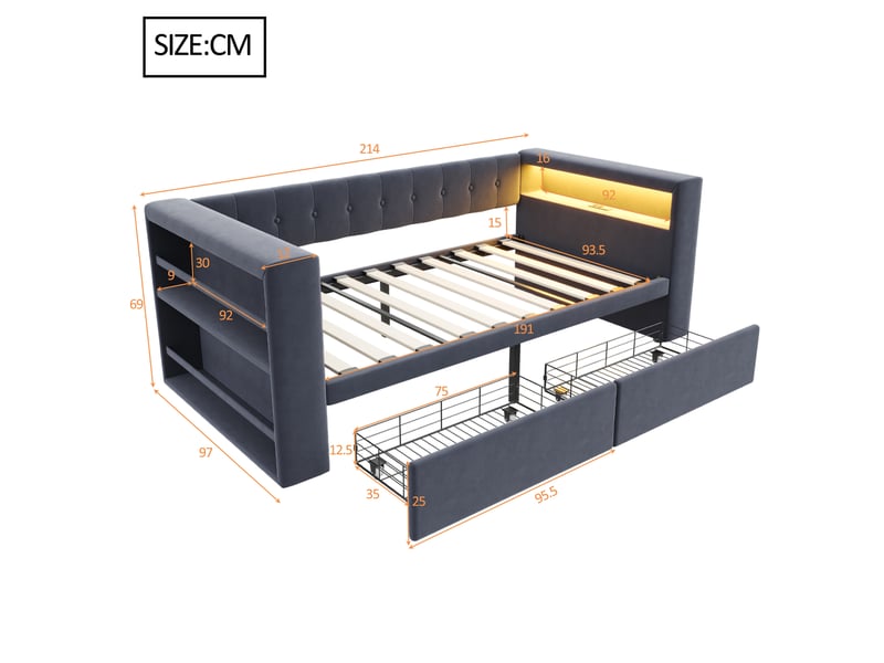  Lit canapé capitonné 90×190 cm, éclairage led, prise, tiroirs spacieux, flanelle gris foncé  - Conforama B