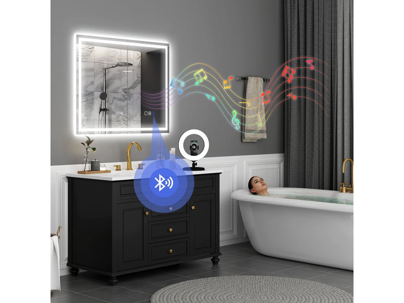  Miroir salle de bain led bluetooth 80 x 100 cm interrupteur tactile lumière réglable 3 couleurs anti-buée mémoire argent  - Conforama D