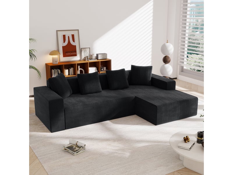  Canapé d'angle modenvie 3 places modulaire avec chaise longue à droite en velours côtelé noir 261 x 146 cm  - Conforama D