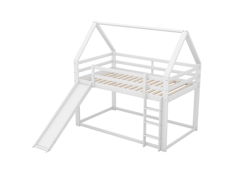 Lit enfant maison blanc 90 × 200 cm, lit superposé avec toboggan et échelle  - Conforama D