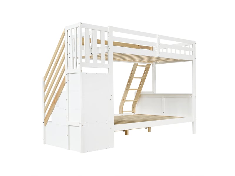  Lit superposé 90x200140x200cm avec escalier de rangement et 3 tiroirs, bois massif et mdf - blanc et naturel 253x145.5x162.5cm - Conforama A