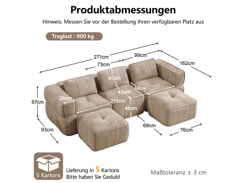 Canapé modulable en u 3 places avec 2 poufs, en polyester beige - Conforama C