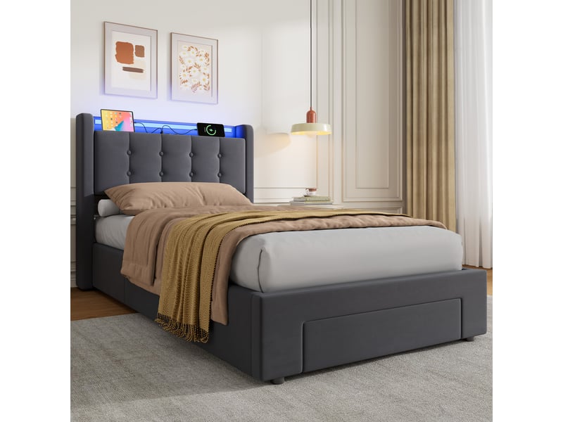  Lit enfant 90x200 cm en velours, lit simple en mdf et métal avec coffre, tiroirs, led et usb, sans matelas  - Conforama C