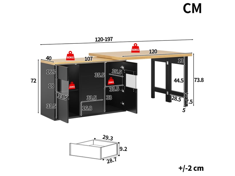  Îlot de cuisine 120x40x73,8 cm, avec plateau rotatif à 360°, structure en mdf et métal, meuble de cuisine, couleur noir  - Conforama C
