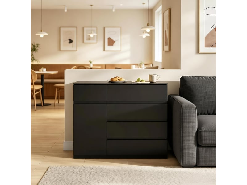  Commode avec 5 tiroirs et 1 porte, étagère réglable, pour chambre, entrée ou cuisine, 100×40×80 cm, noir  - Conforama C