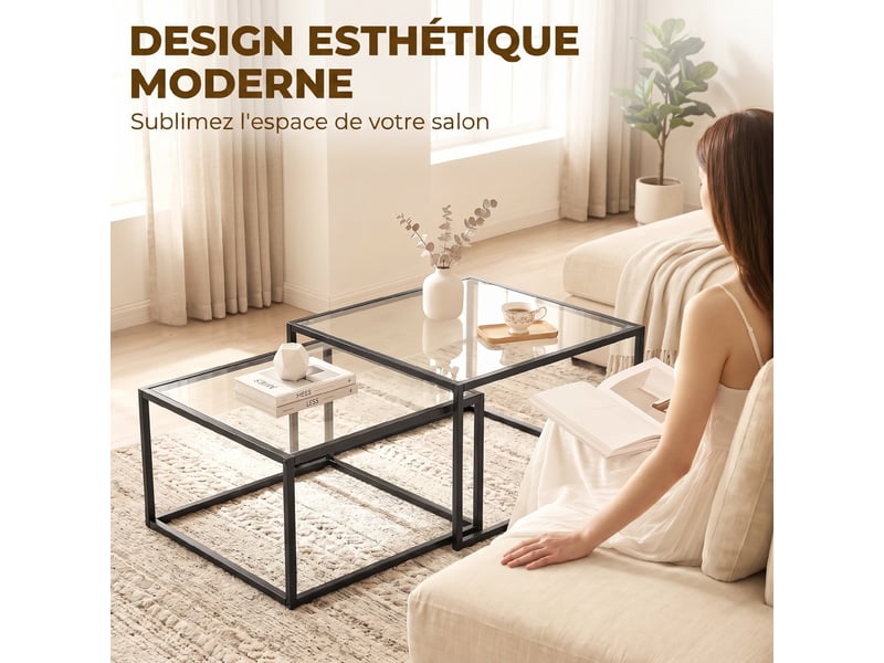  Lot de 2 tables basses gigognes en verre trempé et métal noir, 75 x 75 x 42 cm  - Conforama E