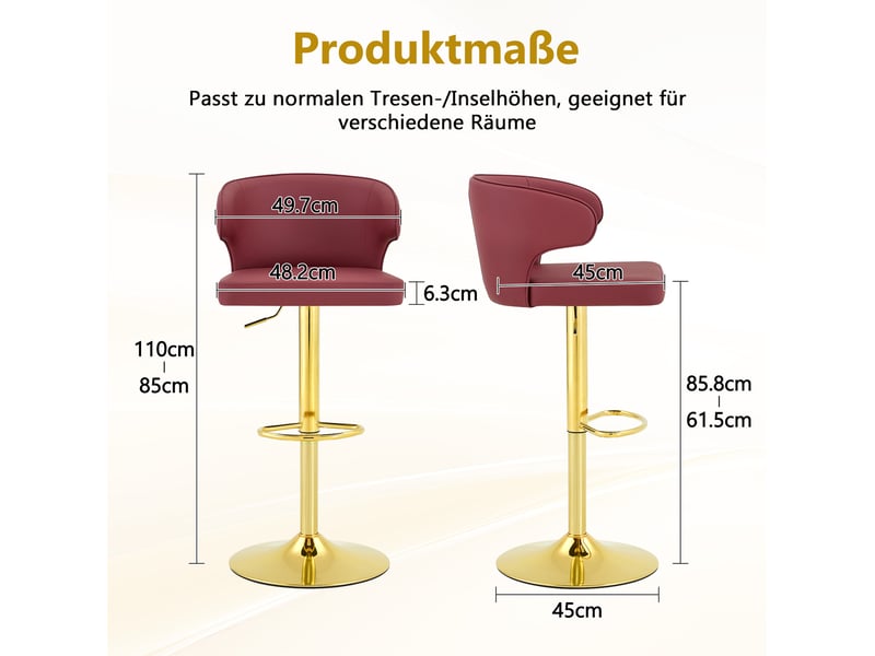  Tabourets de bar 49,7x45x110 cm lot de 2, réglables en hauteur, pivotants 360°, chaise de bar, polyuréthane (pu), rouge  - Conforama C
