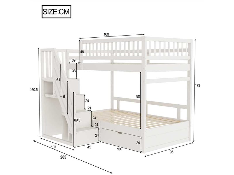  Lit superposé 90x200 cm - lit pratique avec tiroirs de rangement et échelle solide - structure en pin et mdf - sans matelas - blanc  - Conforama C