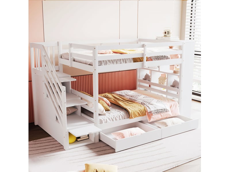 Lit superposé enfant 90 x 200 cm avec escalier de sécurité et rangements blanc  - Conforama C