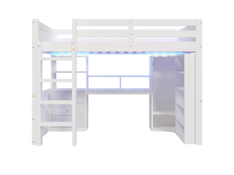 Lit superposé 140x200 cm, avec éclairage led, armoire, bureau, tiroirs, compartiments de rangement, blanc - Conforama A