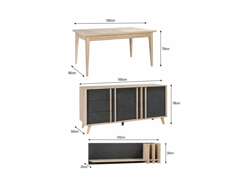  Salle à manger complète malmo avec table 160 cm, buffet 165 cm et étagère murale – chêne clair et gris  - Conforama C