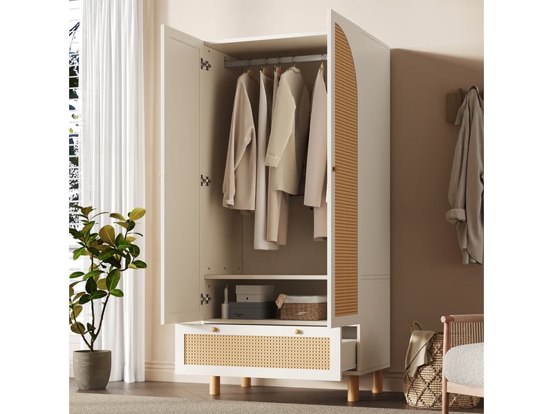 Armoire avec 2 portes en rotin, tiroir, étagères réglables et penderie pour chambre en bois 85,5×52×180,5 cm blanc - Conforama C