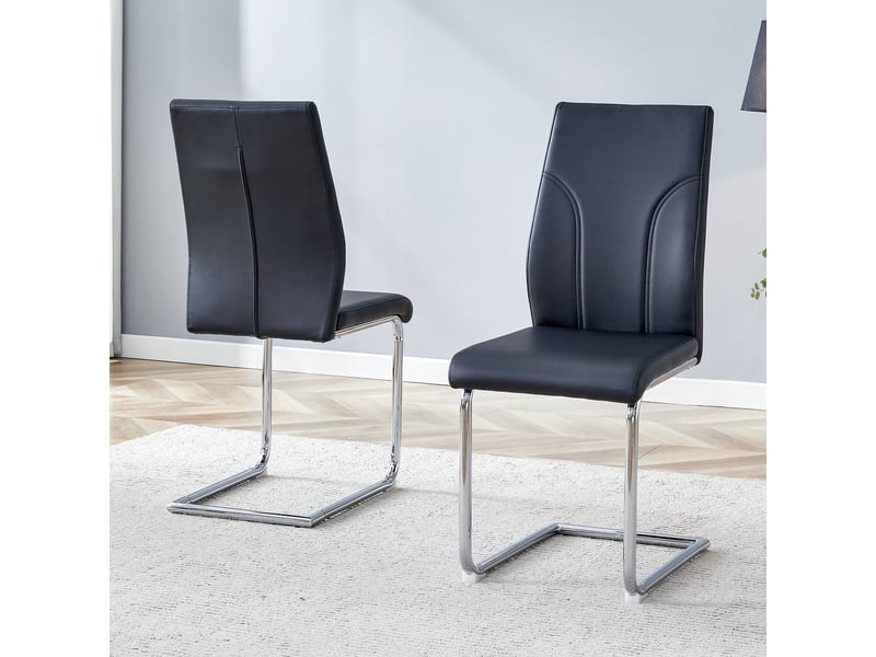  Lot de 2 chaises 40,6x40x95 cm salle à manger design moderne confortable revêtement pu noir, pieds en métal argenté  - Conforama B