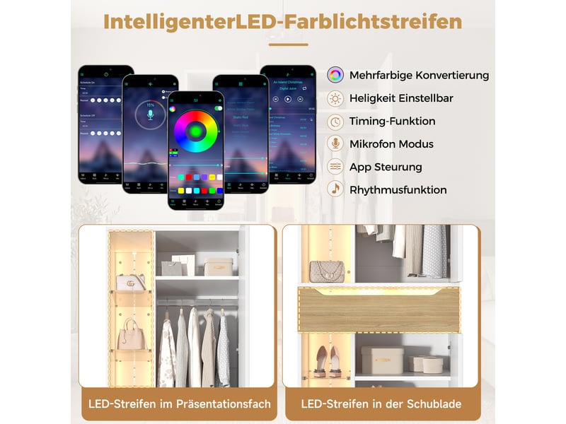  Armoire blanche avec led et vitrine en verre 75x50x200 cm - penderie mdf avec 1 tiroir et 6 étagères  - Conforama E