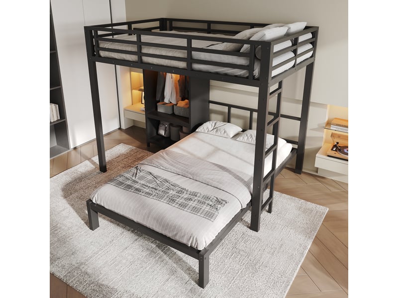 Lit superposé 120x200 cm - lit double en métal enfants et adolescents avec armoire intégrée, éclairage led et échelle - noir - Conforama D