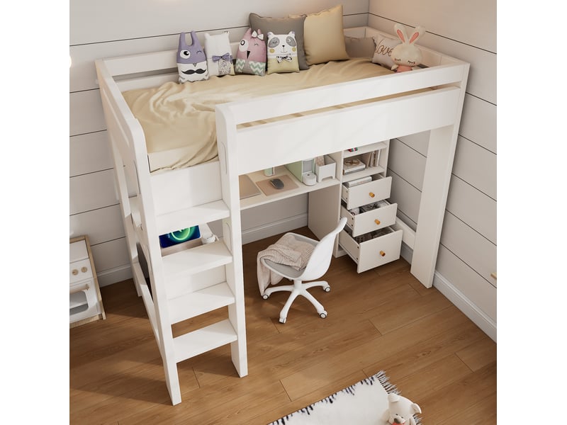 Lit mezzanine enfant 90x200cm avec bureau en l, tiroirs, étagère, port usb type-c, sommier, bois blanc, sans matelas - Conforama W
