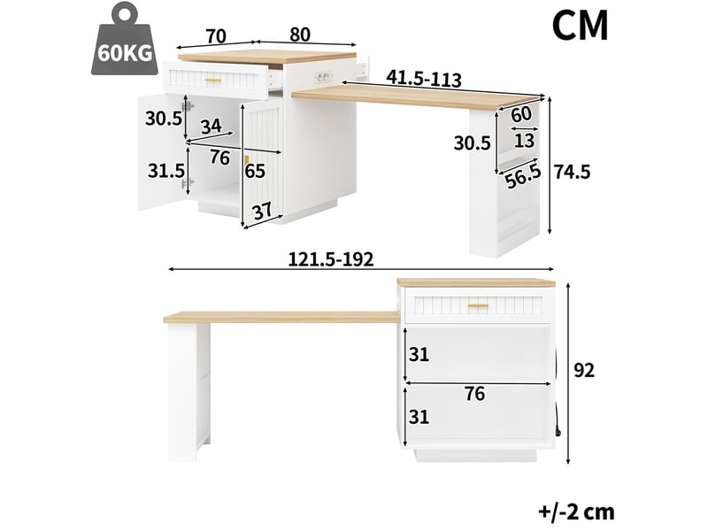  Îlot de cuisine extensible 121,5x70x92 cm avec prise intégrée mdf métal blanc  - Conforama C