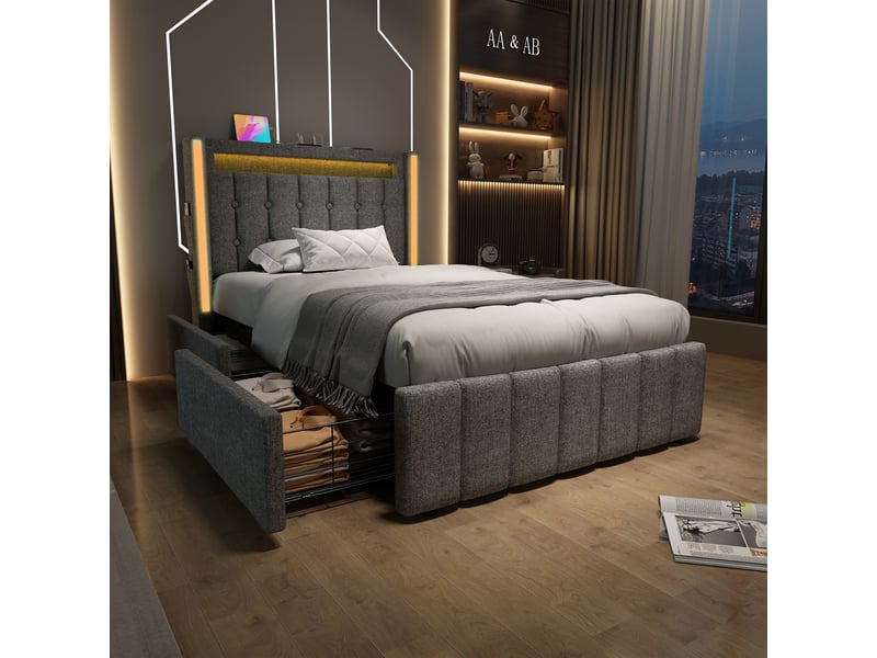  Lit en lin avec éclairage led et tiroirs 90 x 200 cm  - Conforama E