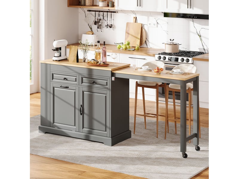 Desserte de cuisine avec plateau latéral extensible, 2 tiroirs, compartiment à déchets, roulettes, grise, 112 × 45 × 92 cm - Conforama B