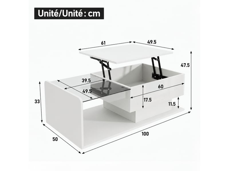  Table basse blanche brillante relevable avec plateau en verre trempé, led et rangement, 100 x 50 cm  - Conforama C