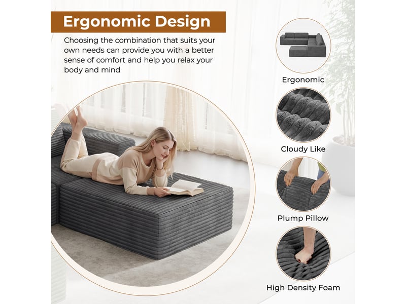  Canapé d'angle 4 places modulaire en velours côtelé avec 1 pouf,canapé compressé,sans assemblage,404x202x82cm,gris 404x202x82CM - Conforama D